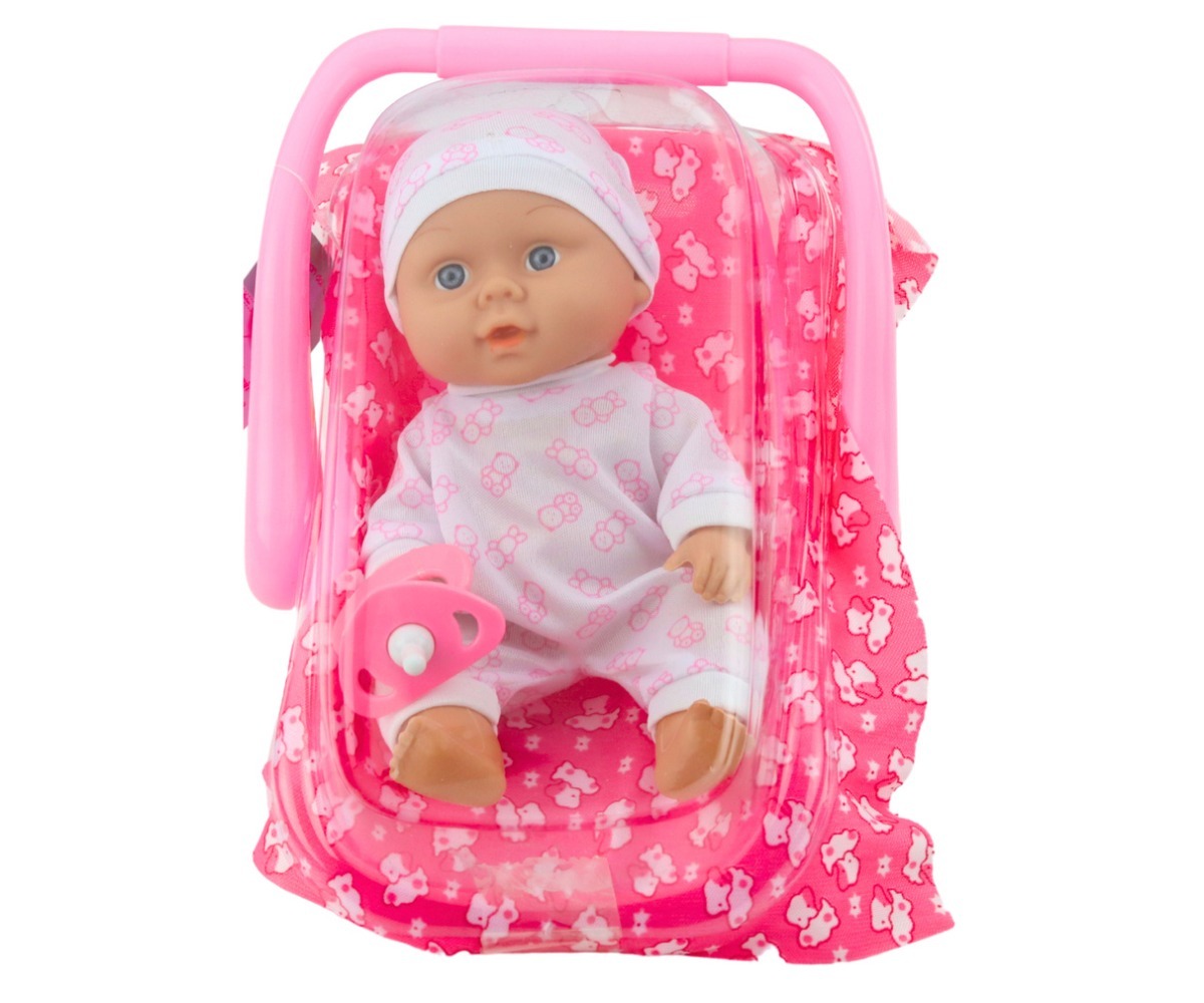 Beebinukk kandekorvis, punutud roosa peaga ja nunnu naeratusega.