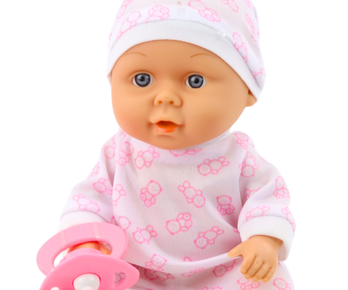 Beebinukk lutikese ja armsa riietusega, ideaalne mängimiseks.