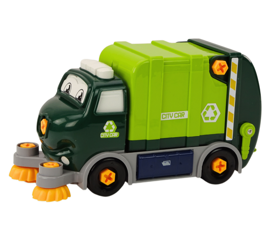 Prügiauto koos tööriistadega DIY – roheline, esiplaanil auto