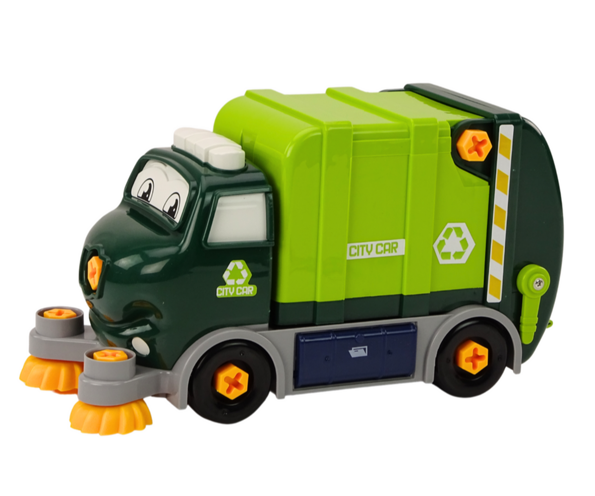 Prügiauto koos tööriistadega DIY – roheline, esiplaanil auto