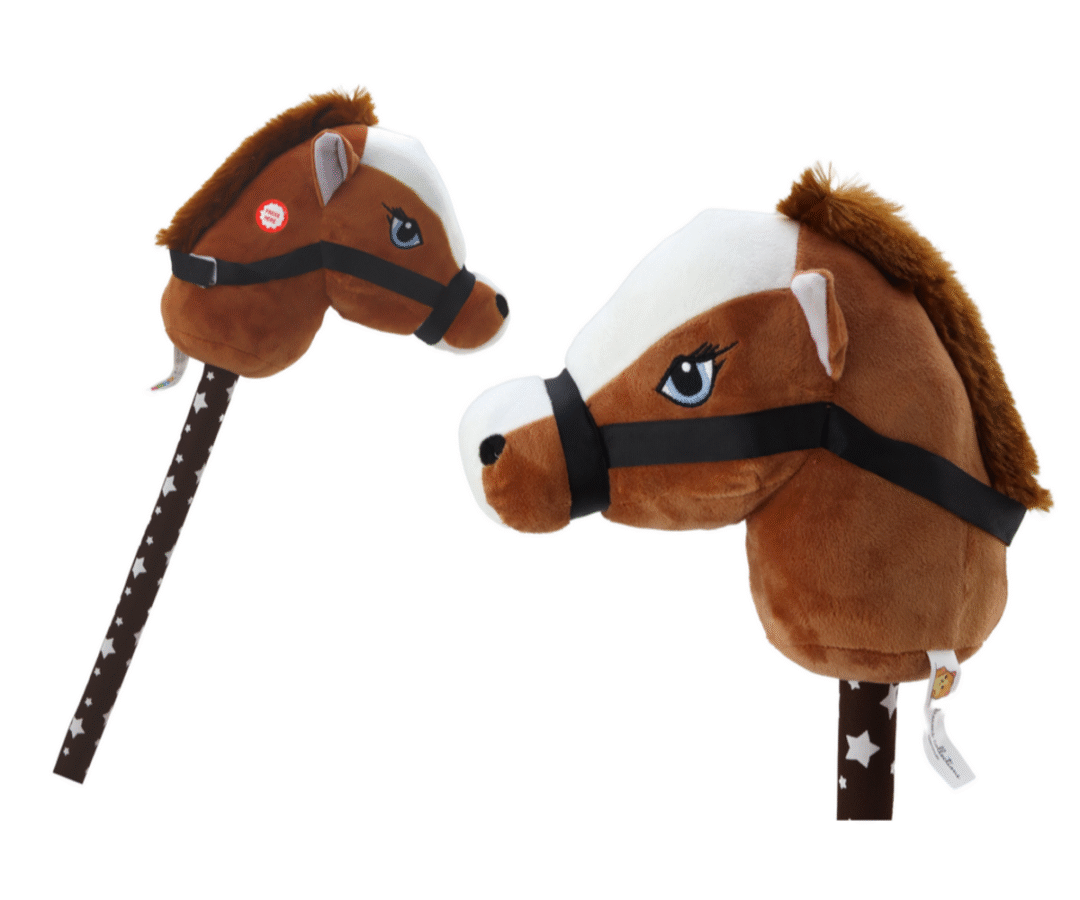 Pehmest plüüsist kepphobune heliefektidega – tumepruun, pehme hobuse peaga kepp