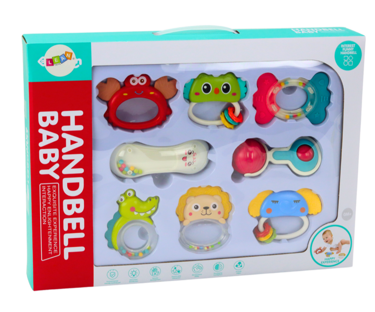Beebimänguasjade komplekti pakend, mis tutvustab 8 erinevat närimisrõngast ja mänguasi.