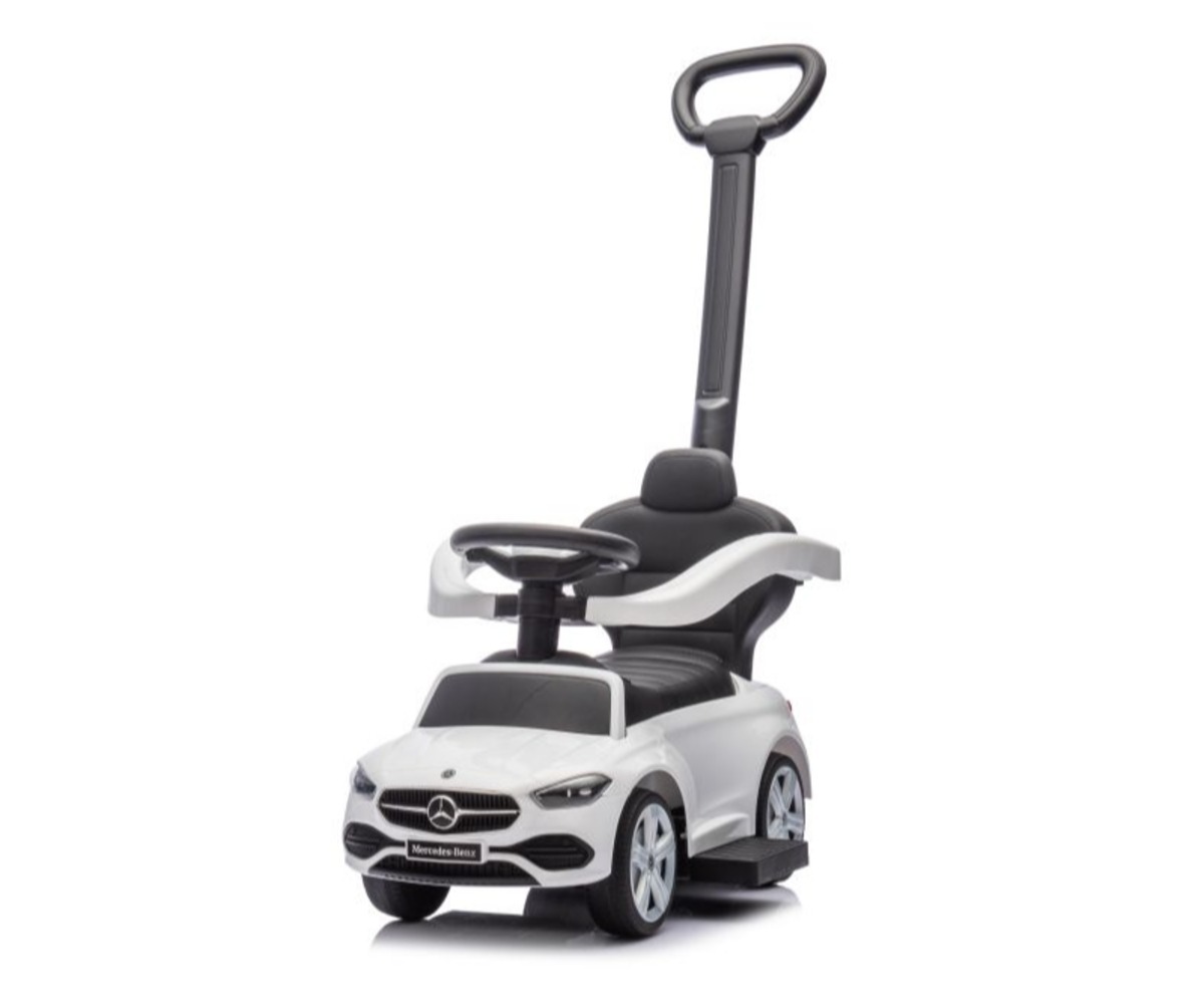 Pealeistutav auto Mercedes 3in1 – valge, ergonoomilise kujundusega ja laste sõiduks ideaalne.