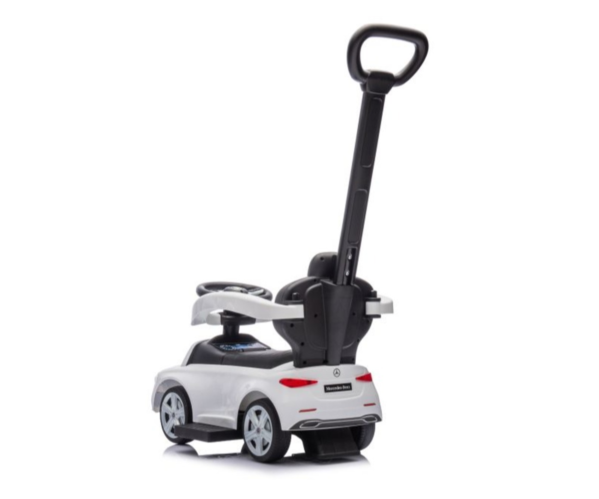 Pealeistutav auto Mercedes 3in1 – valge, mugavalt juhitav ja sobib igasuguseks mänguks.