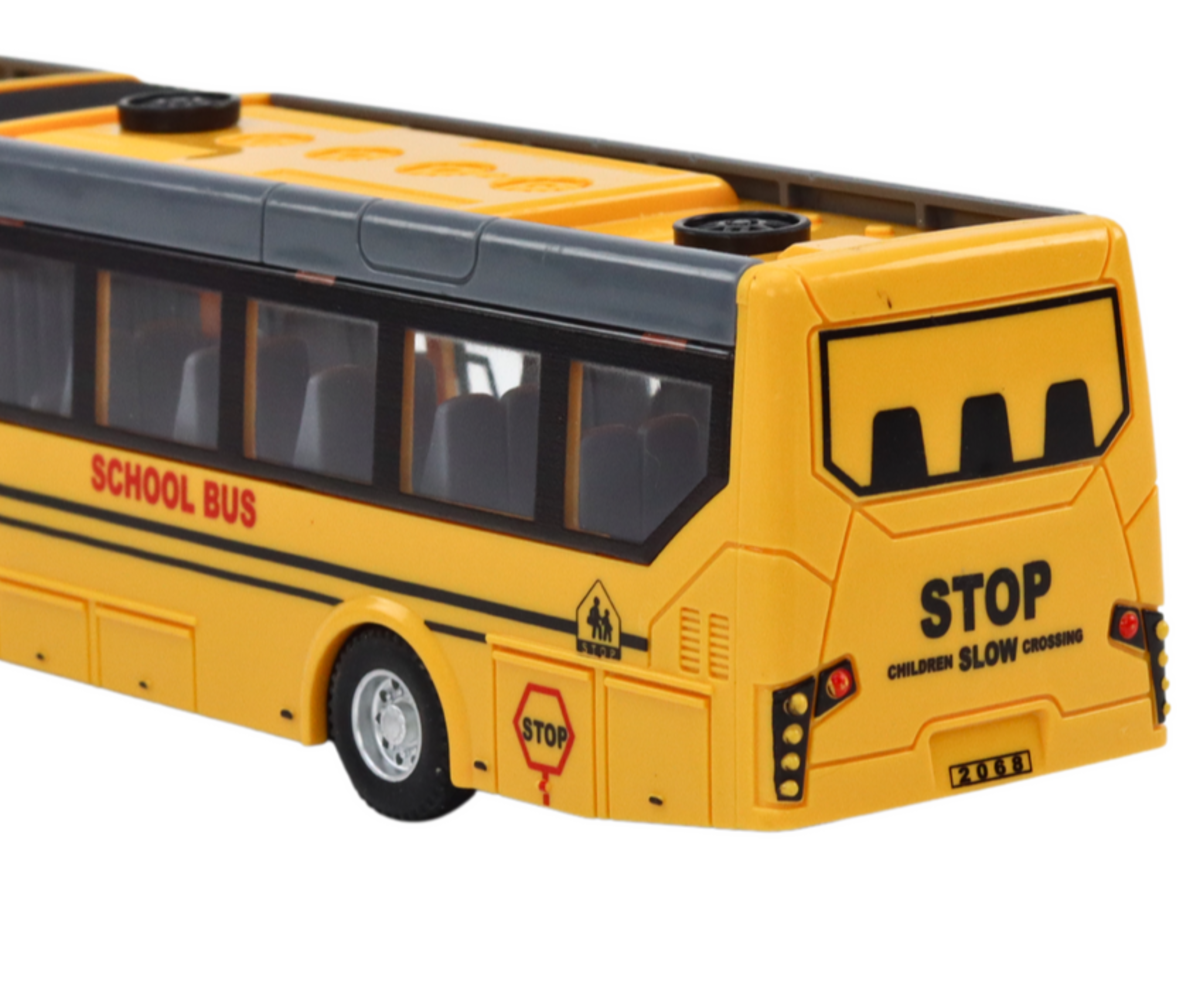 Tagaosa vaade Puldiga juhitav liigendiga koolibuss 37cm – kollane, kaasas olevaid peatustehnikat märkides