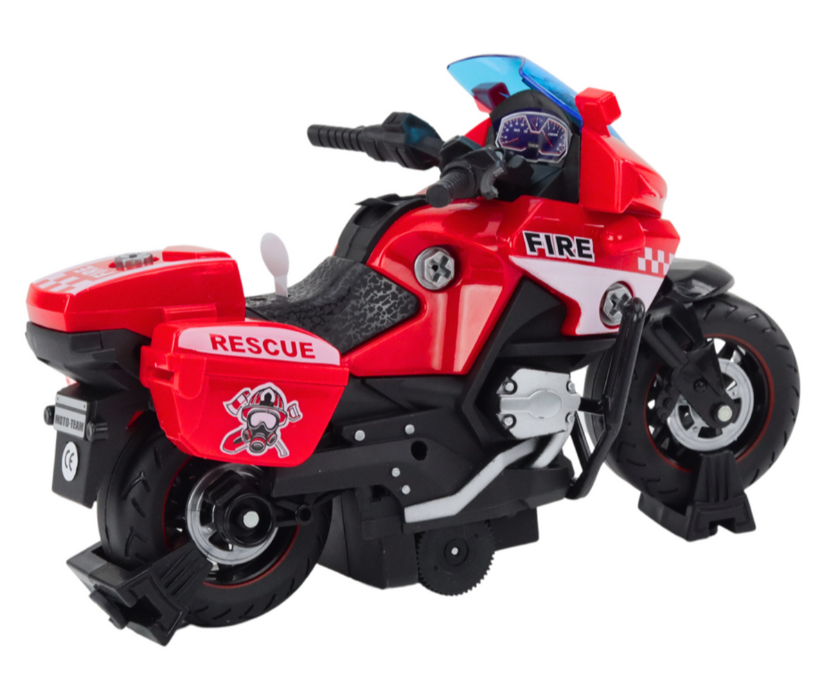 Päästemootorratas DIY tulede ja heliefektidega – punane, tagapool koos detailidega