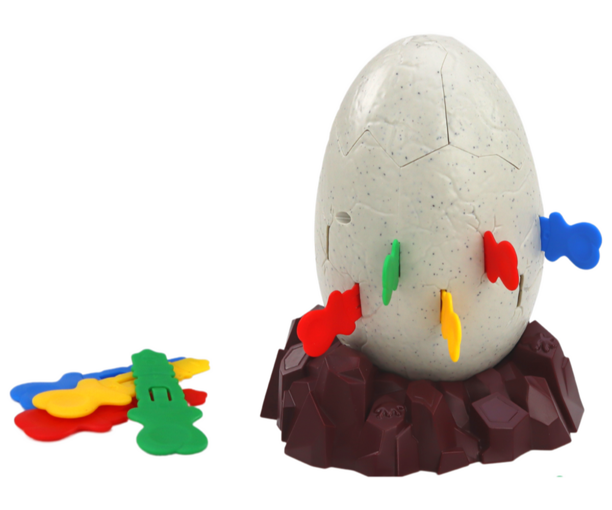 Osavusmäng Dinosaurus – munast välja, muna detailid punaste, siniste ja roheliste plastdetailidega.