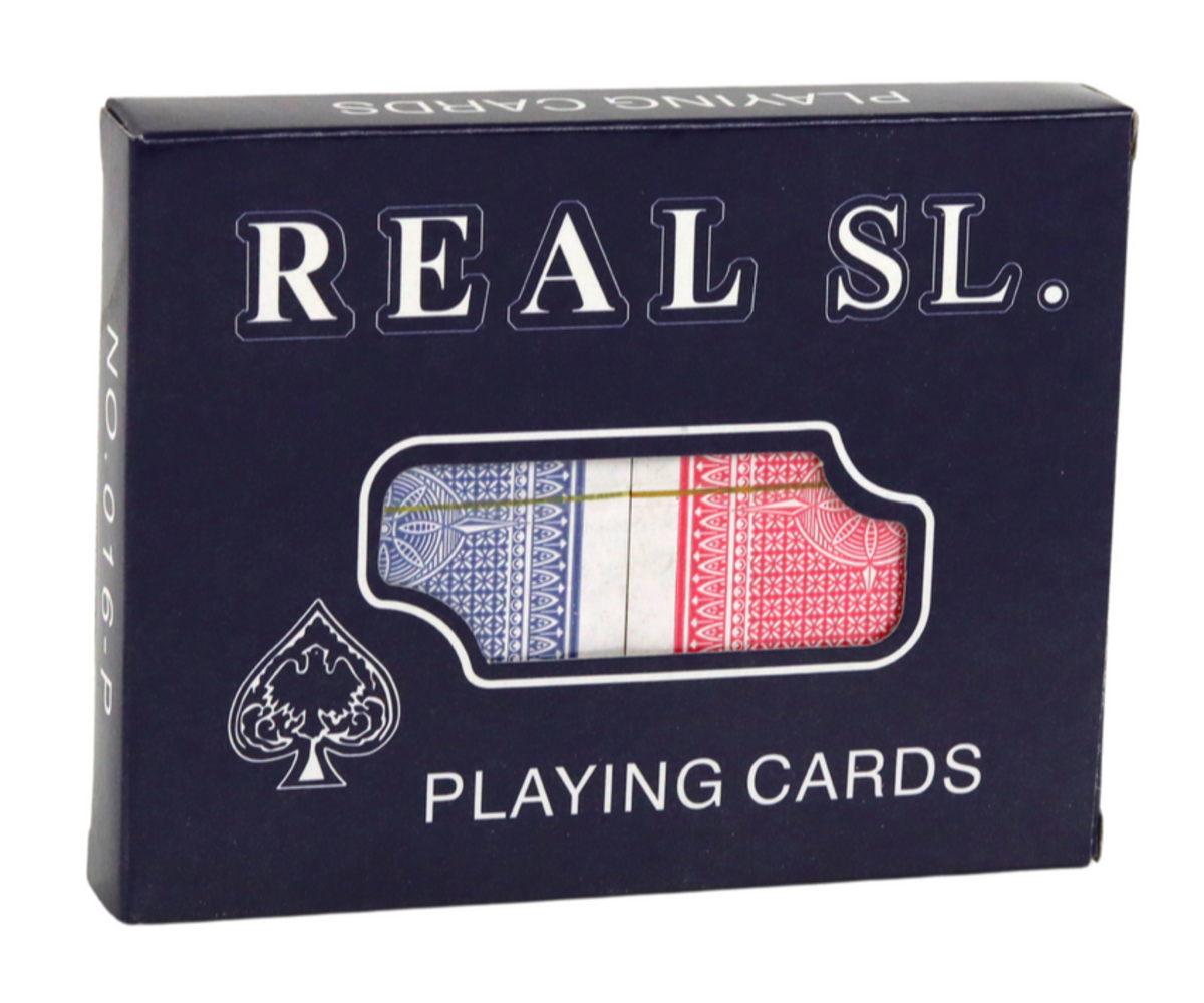 Kaardipakk Real SL, millel on punane ja sinine kaardikomplekt, suletud pakendis.