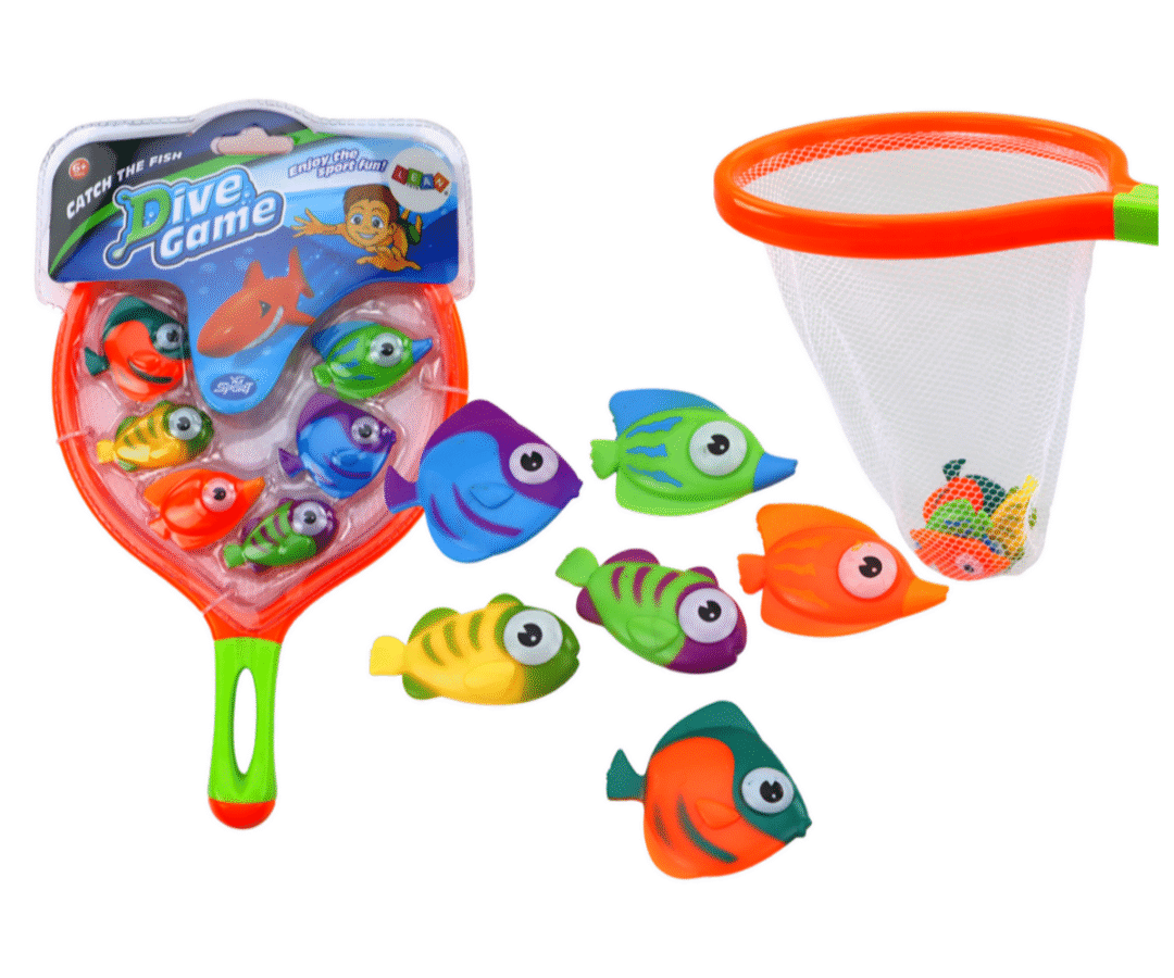 Vannimänguasi – kalapüügi komplekt 6 osaline, koosneb mitmest värvilisest kalast ja võrkpüügivahendist