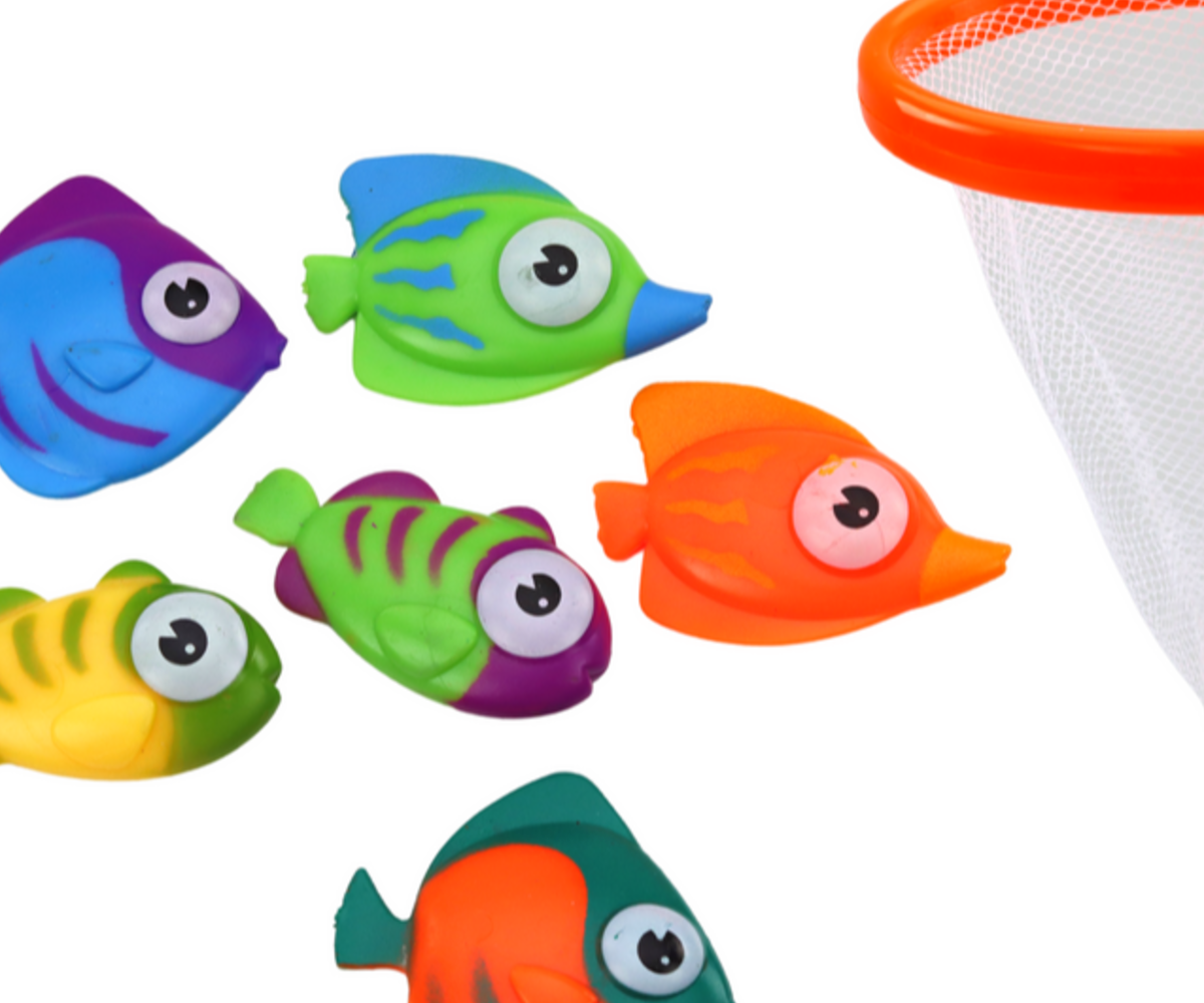 Vannimänguasi – kalapüügi komplekt 6 osaline, kalad ja võrkpüügivahend mängimiseks