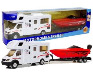 Matkaauto koos punase mootorpaadiga – hõõrdejõul töötav. Mudel auto ja paadi detailne ülevaade.