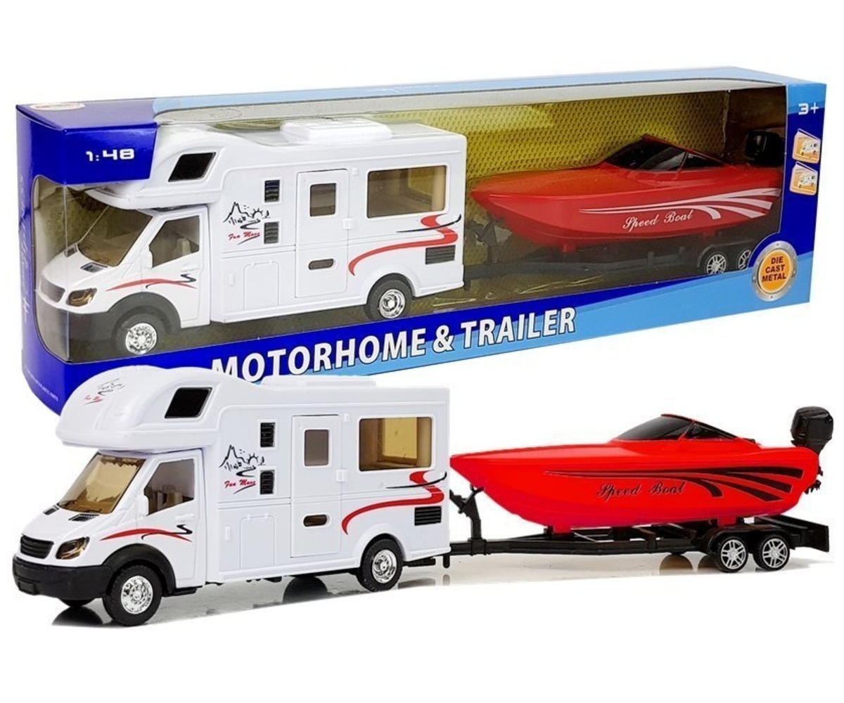 Matkaauto koos punase mootorpaadiga – hõõrdejõul töötav. Mudel auto ja paadi detailne ülevaade.