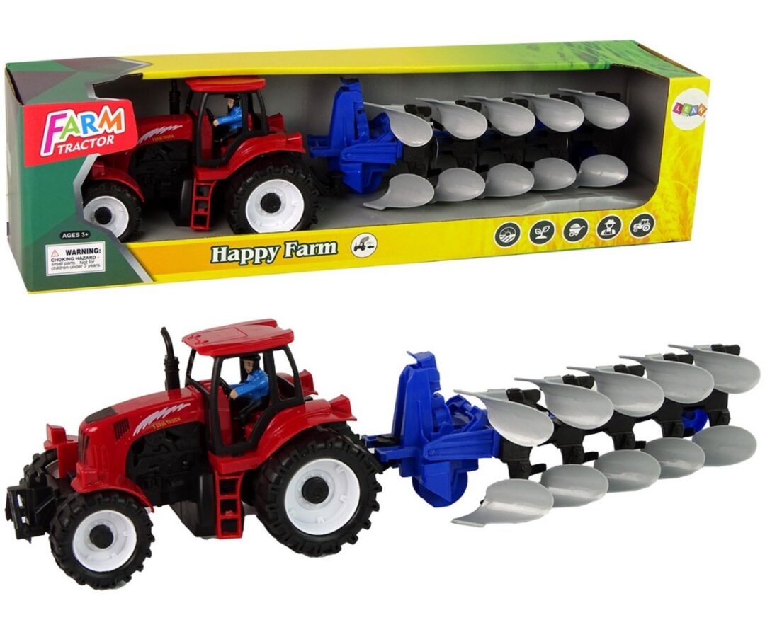 Punane traktor koos adraga, ideaalne mänguasi lastele, pakendis.