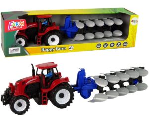 Punane traktor koos adraga, ideaalne mänguasi lastele, pakendis.