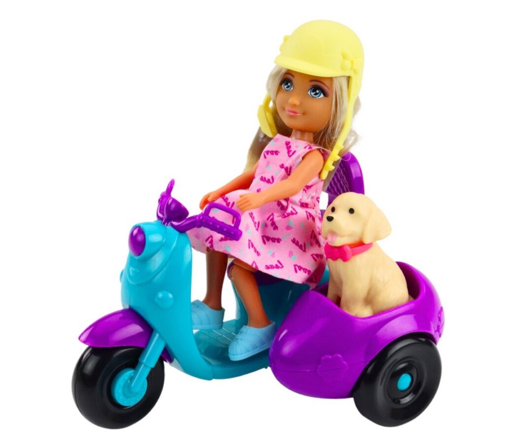 Ankiki nukk 13cm tõukerattal koeraga, istub tõukeratta peal, naeratab mugavates kingades.