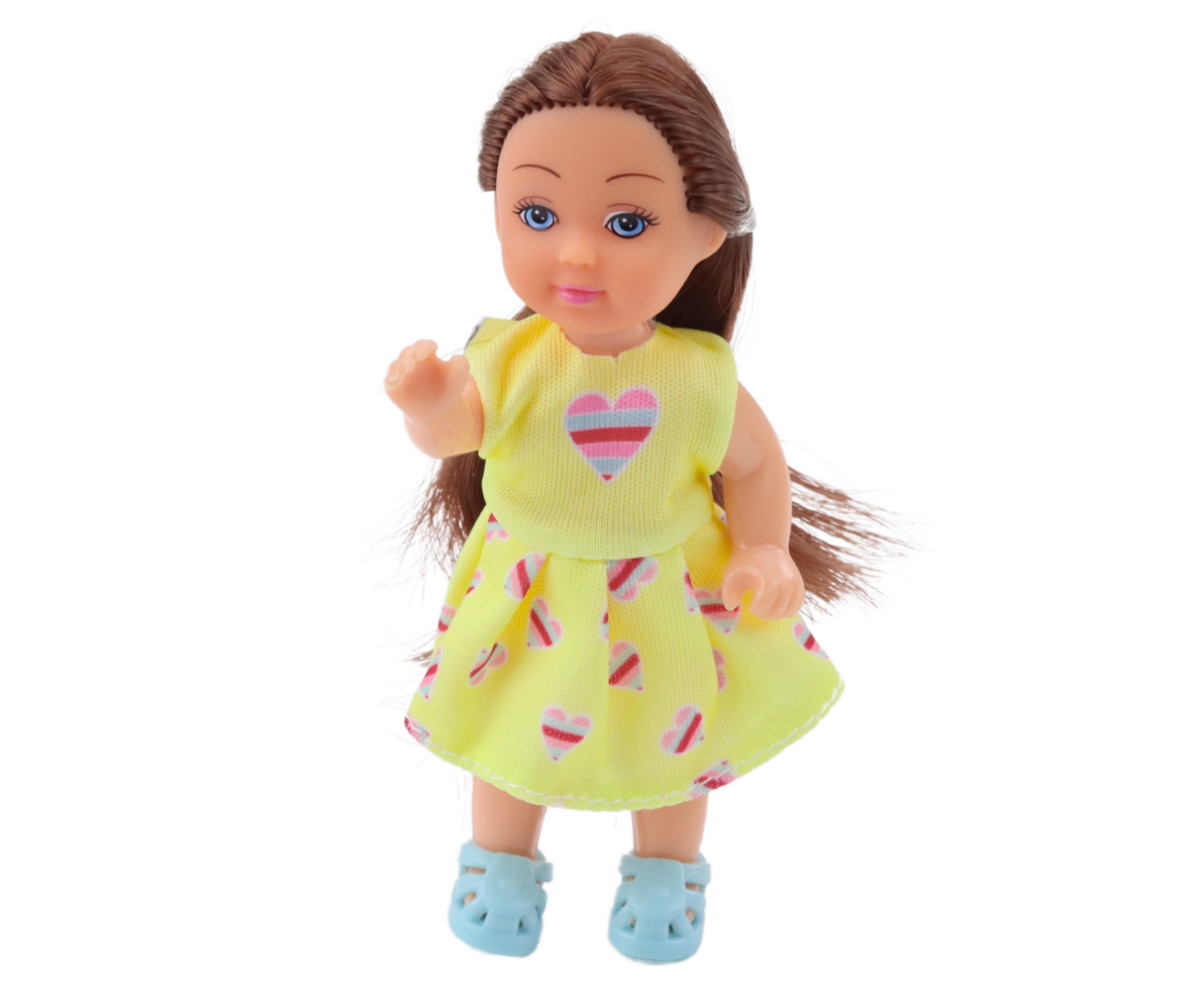 Mini nukkude komplekt 3tk – 11cm, tüdruk kollases kleidis ja siniste jalatsitega