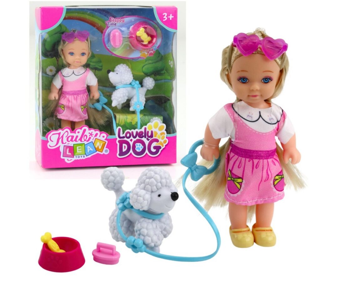 Mini nuku 12cm komplekt koeraga jalutusrihmal ja söögikauss, koos koera ja söögikausiga