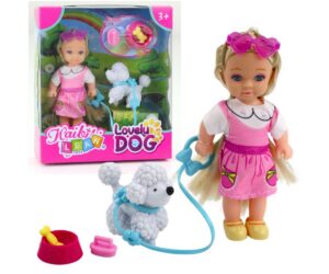 Mini nuku 12cm komplekt koeraga jalutusrihmal ja söögikauss, koos koera ja söögikausiga