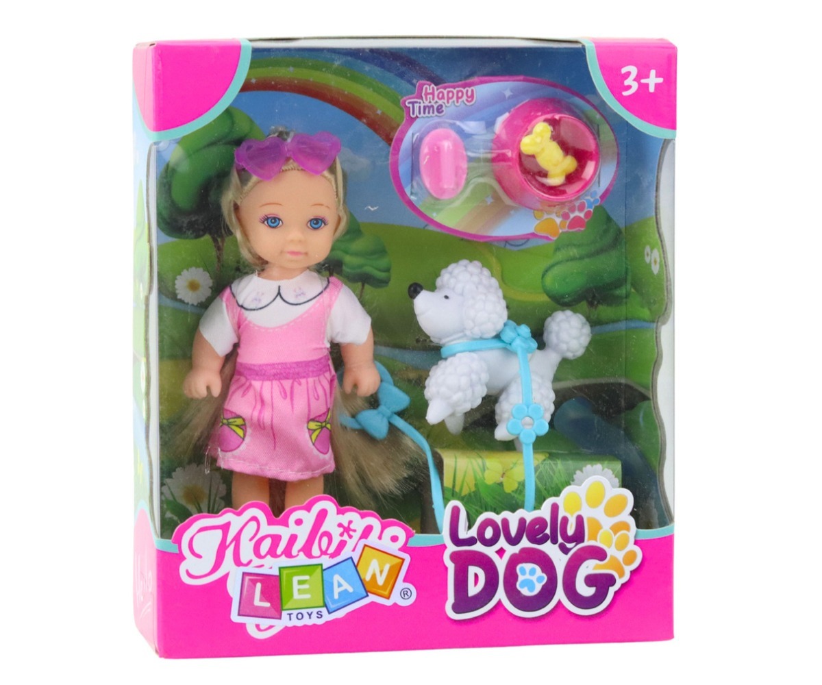 Mini nuku 12cm komplekt koeraga jalutusrihmal ja söögikauss, pakkumine toreda nukumängu jaoks