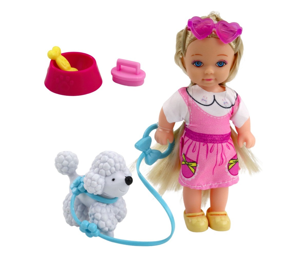 Mini nuku 12cm komplekt koeraga jalutusrihmal ja söögikauss, nukk ja koer koos tarvikutega