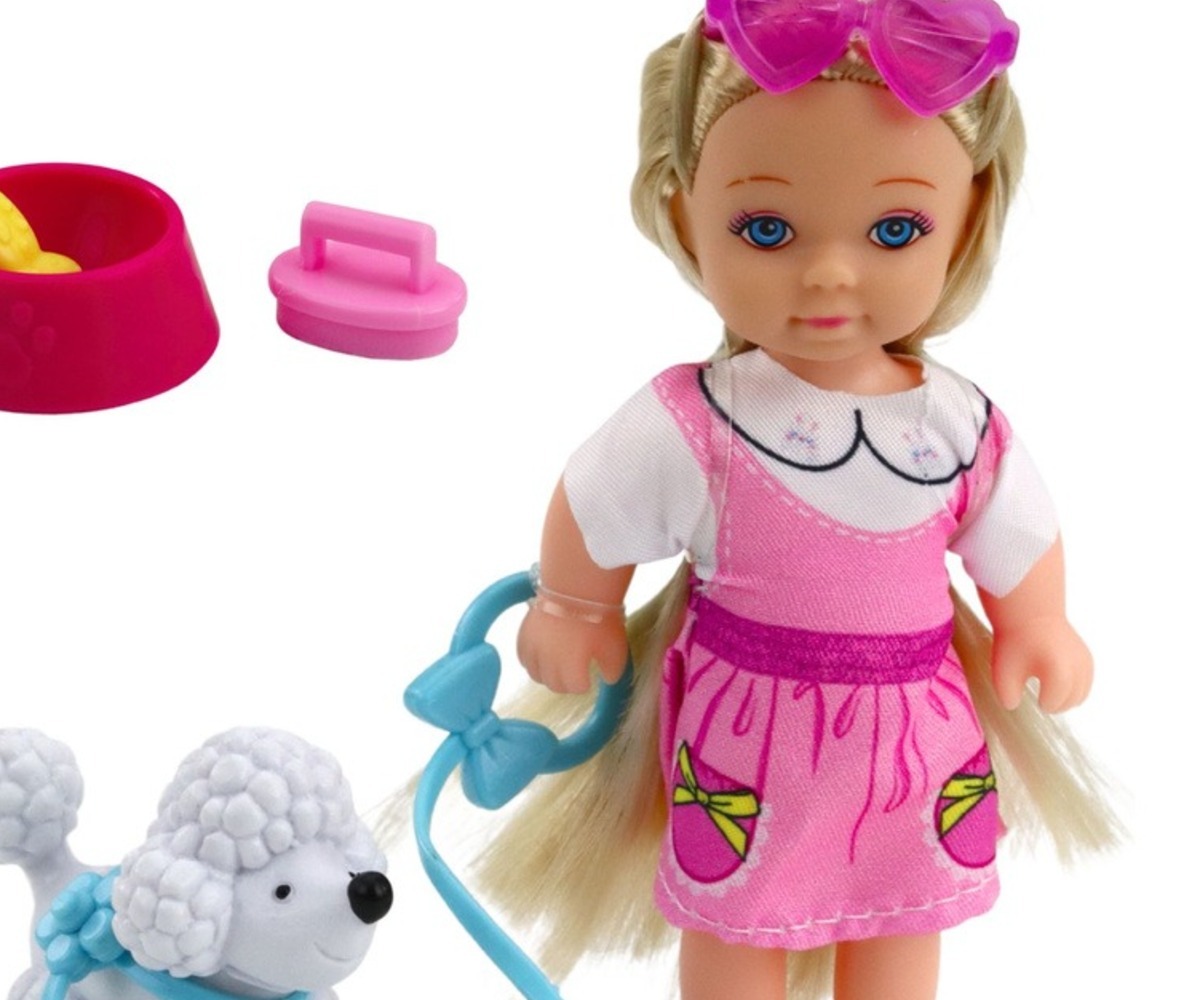 Mini nuku 12cm komplekt koeraga jalutusrihmal ja söögikauss, nukk roosa seelikuga koos koeraga