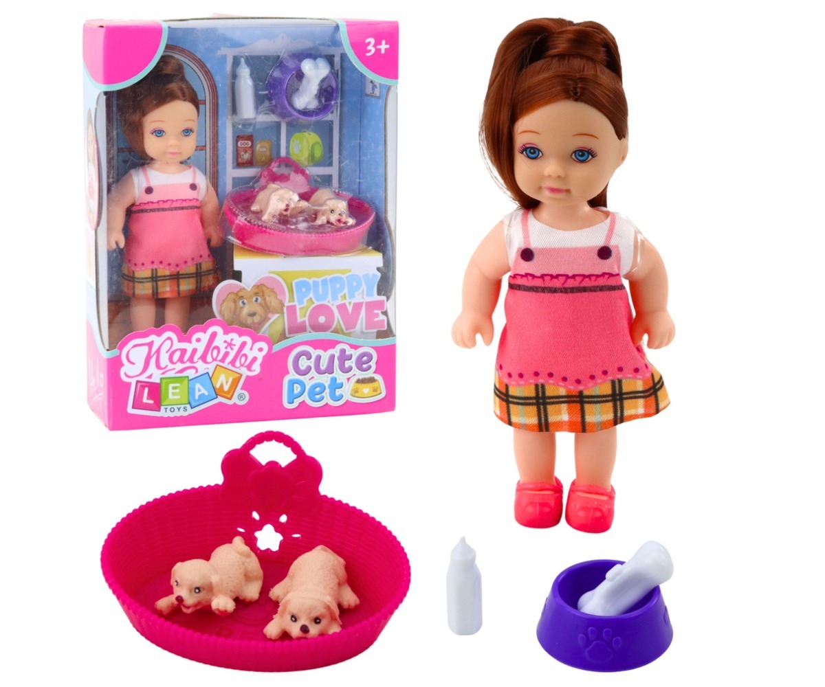 Mini nuku komplekt kahe kutsika, voodi ja söögitarvikutega, sisaldab nuku ja koerte tarvikuid