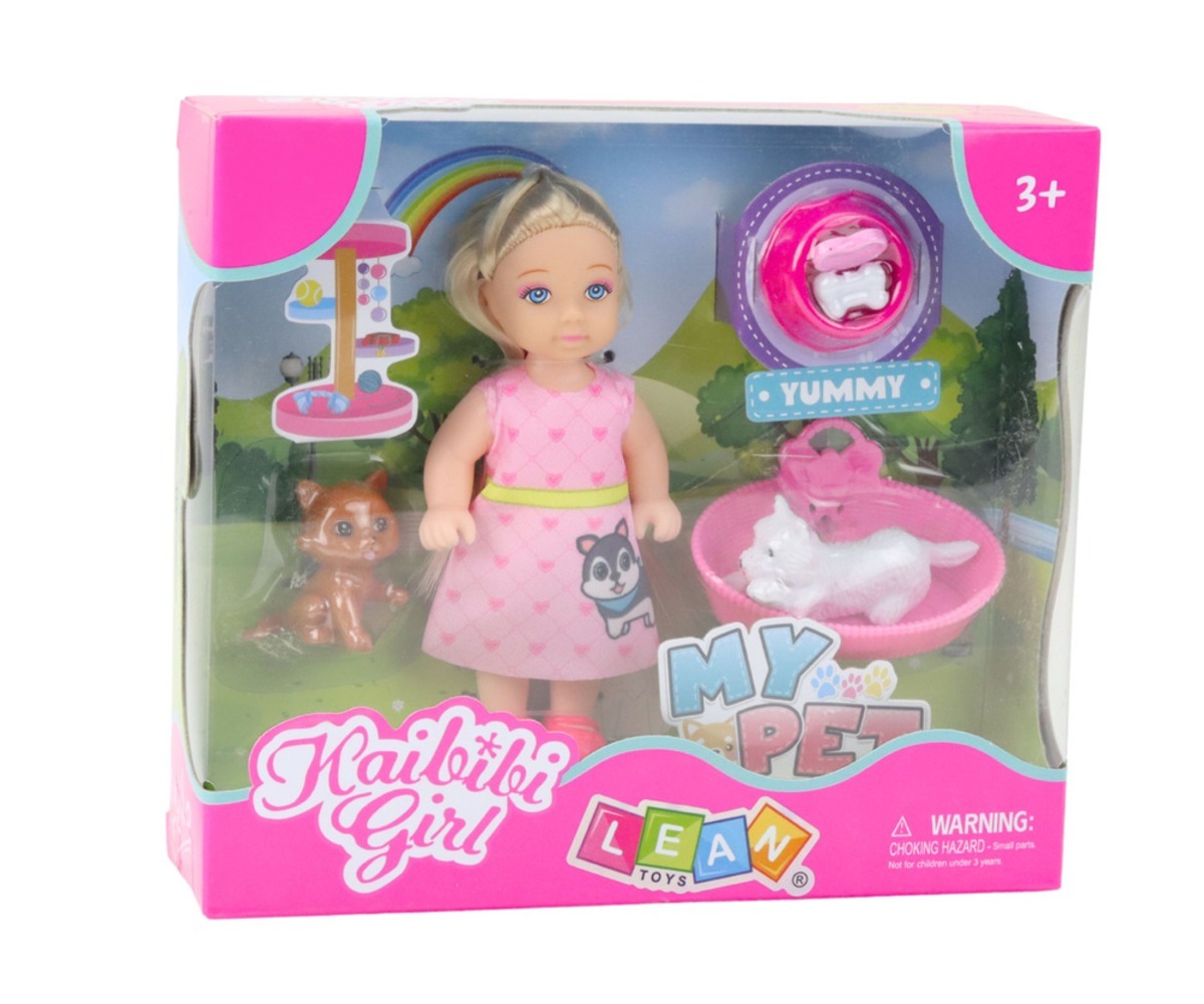 Mini nuku komplekt koer ja kassipoeg (tarvikutega) pakend koos nukuga ja loomadega