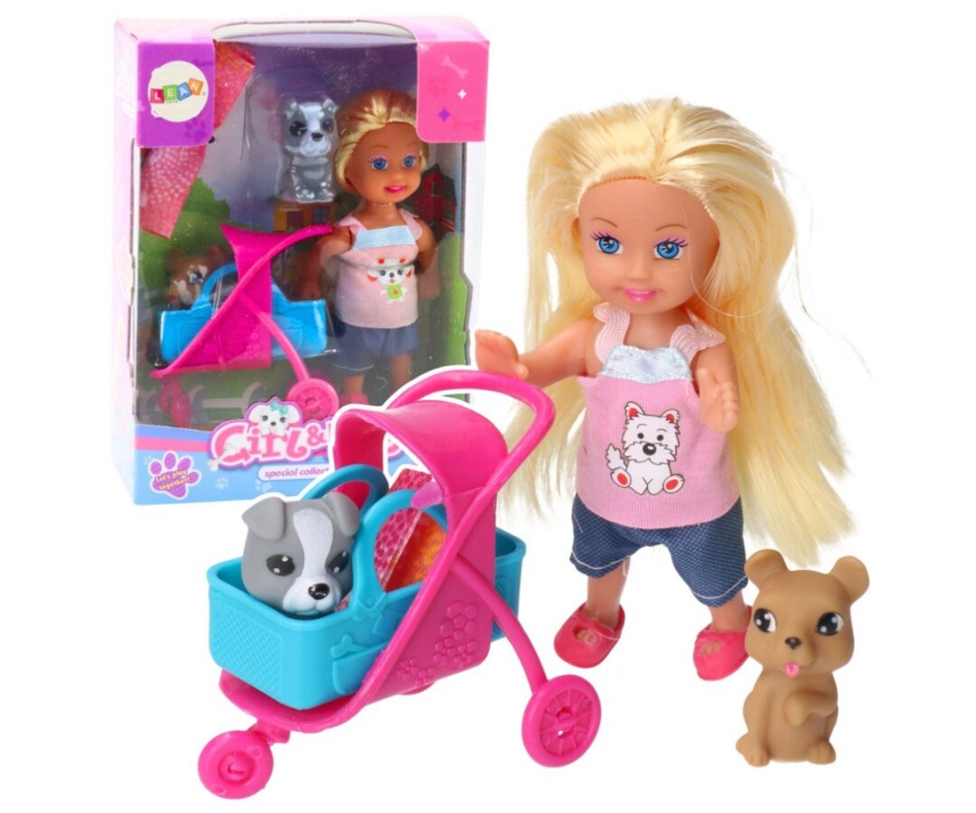 Mini nuku komplekt jalutuskäru ja kahe koerakesega, kus on nukk koos jalutuskäruga ja koerakesed.