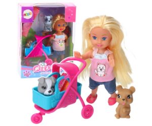 Mini nuku komplekt jalutuskäru ja kahe koerakesega, kus on nukk koos jalutuskäruga ja koerakesed.