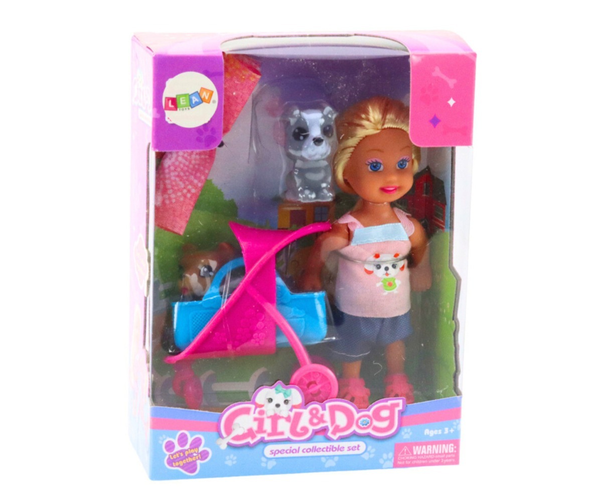 Mini nuku komplekti jalutuskäru ja kahe koerakesega pakend, näidates komplekti sisu.