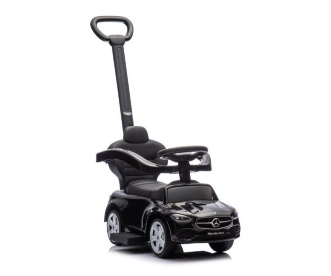 Must Mercedes 3in1 laste pealeistutav auto külgvaates.