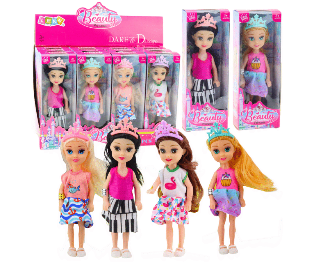 Mini printsessinukk värvilise kleidi ja krooniga eestvaates.