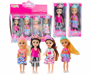 Mini printsessinukk värvilise kleidi ja krooniga eestvaates.