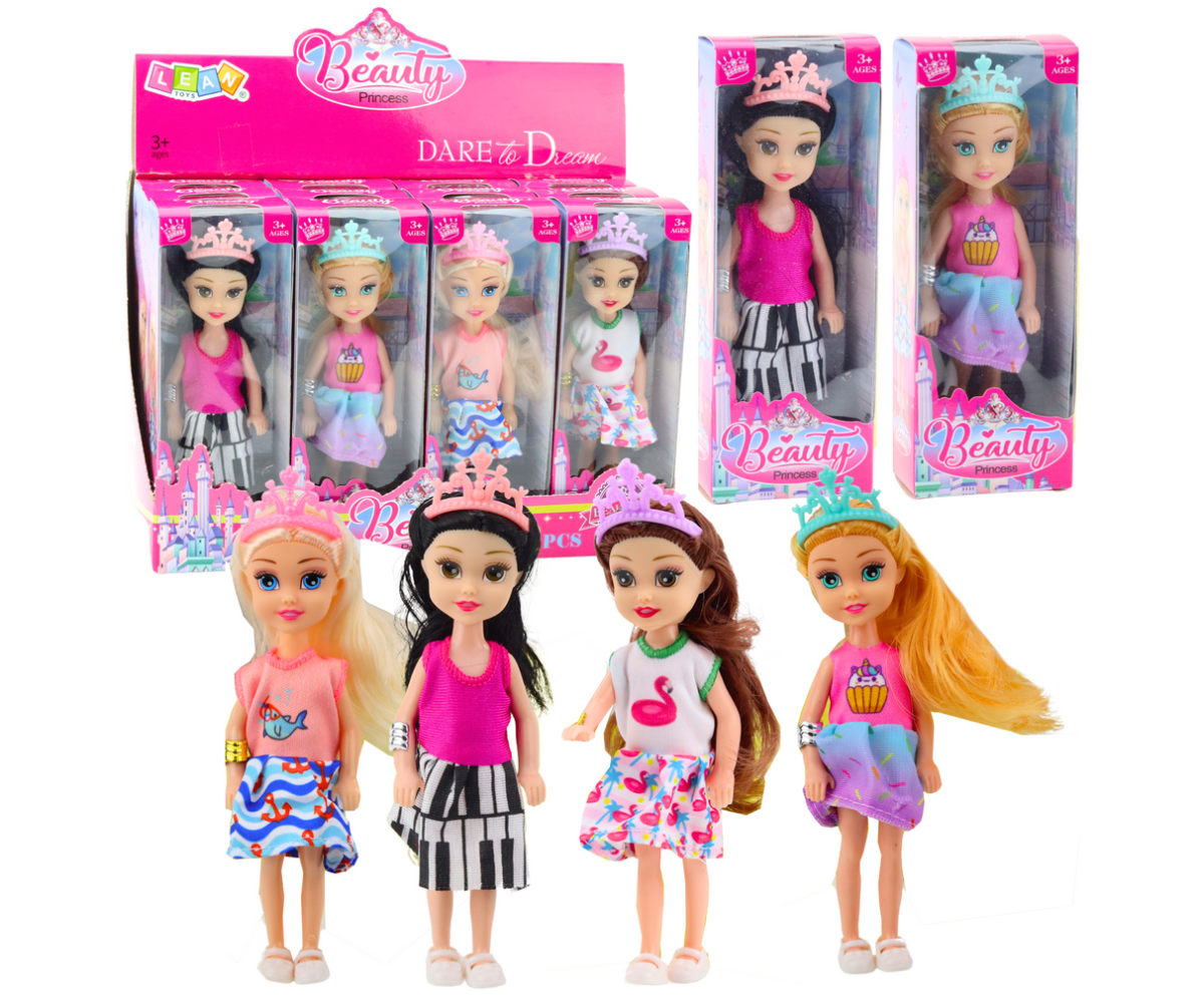 Mini printsessinukk värvilise kleidi ja krooniga eestvaates.