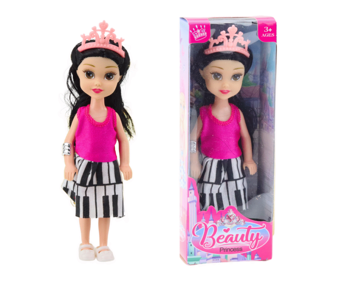 14 cm pikkune printsessinukk külgvaates, näha liikuvad käed ja jalad.