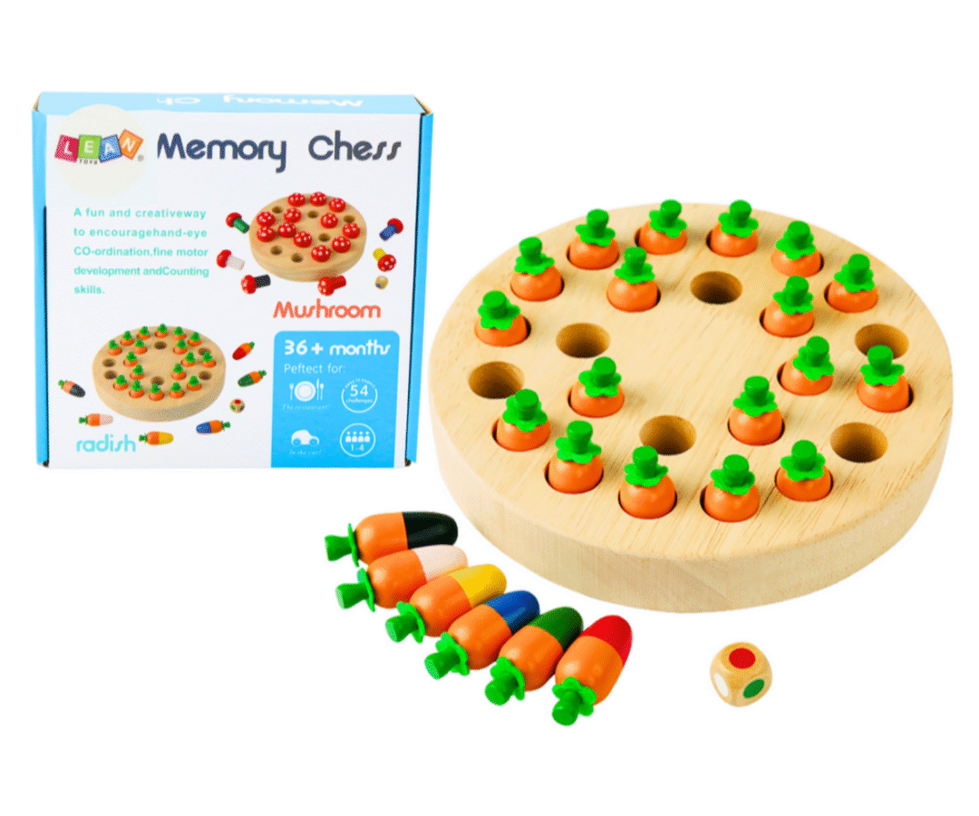 Puidust mälumäng “Porgandijahil” mängulaud koos värviliste porganditega.