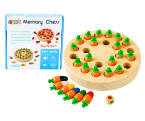 Puidust mälumäng “Porgandijahil” mängulaud koos värviliste porganditega.