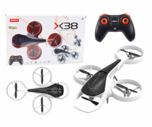 Valge SYMA X38 droon eestvaates, kolmest propellerist koosneva disainiga.