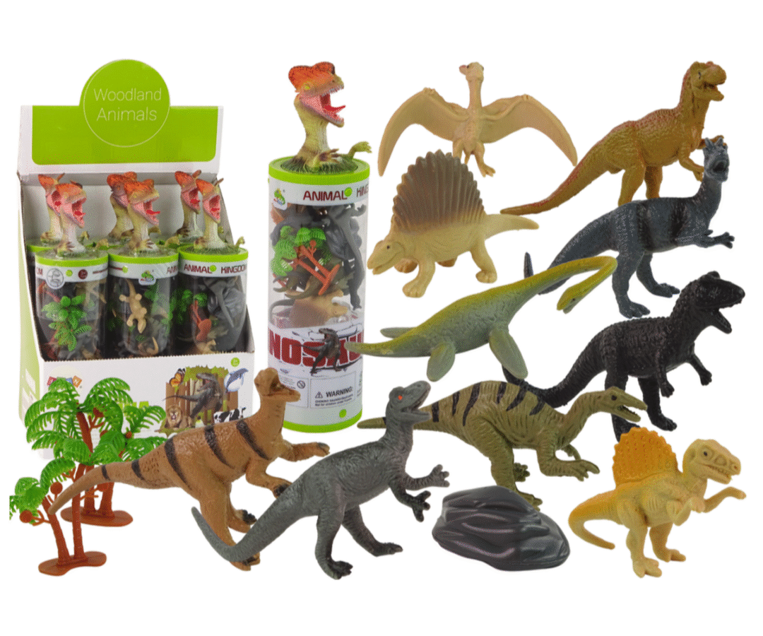 Väikesed dinosaurusekujukesed torukomplektis koos puude ja kiviga