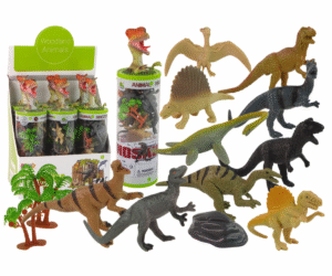 Väikesed dinosaurusekujukesed torukomplektis koos puude ja kiviga