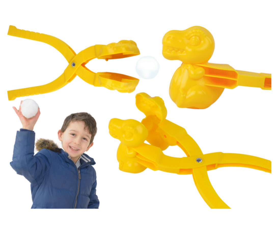 Kollane dinosaurusekujuline lumetegija käepidemega.