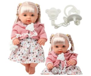 Beebinukk roosas kleidis ja kampsunis, 30 cm, istuvas asendis.