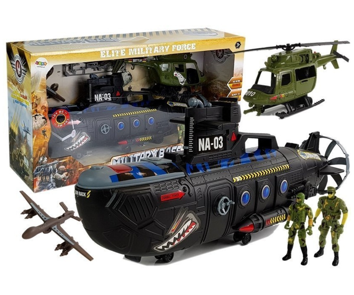 Allveelaeva komplekt helikopteri ja heliefektidega – 54cm, näidatakse mänguasi koos pakendiga.