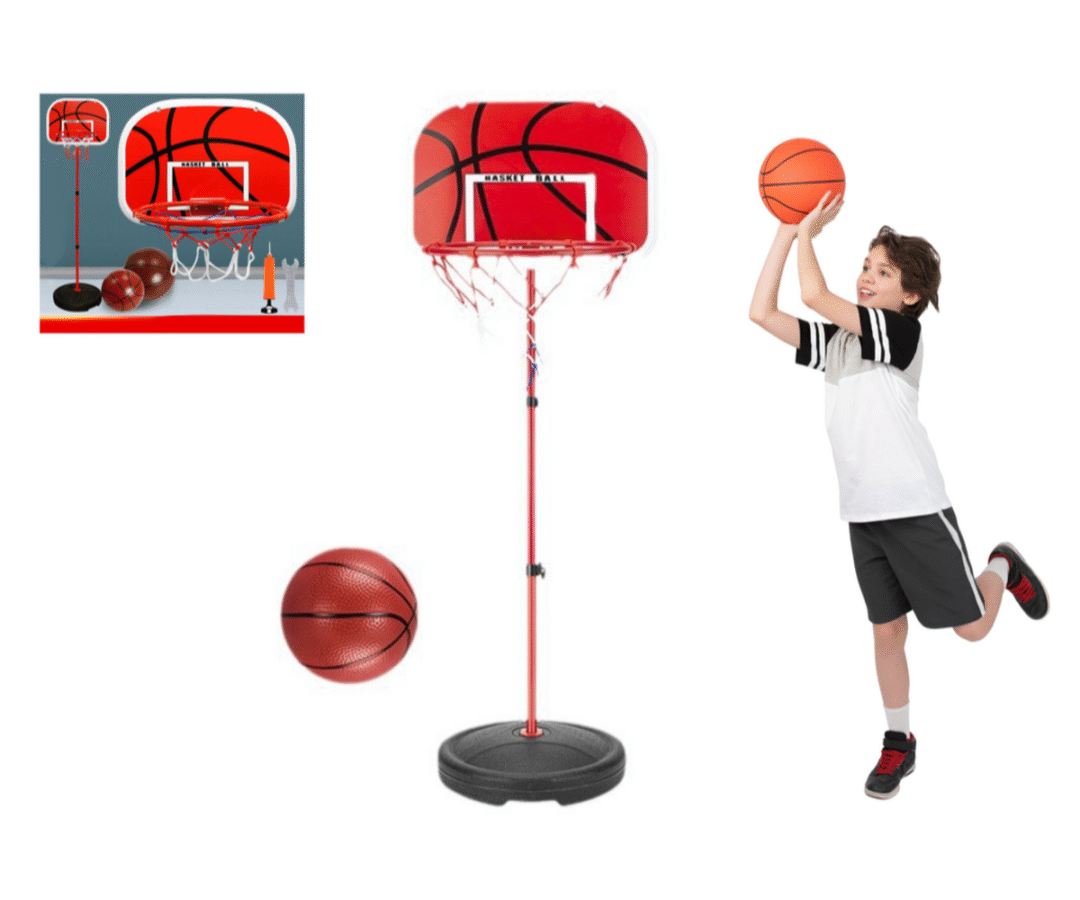 Lapsesõbralik reguleeritava kõrgusega korvpallikorv koos palliga.