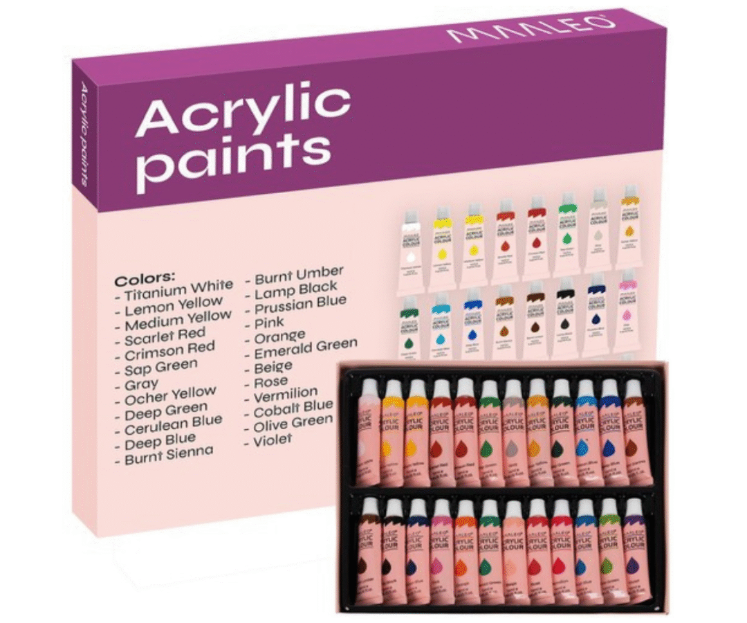 Maaleo akrüülvärvide komplekt 24 tuubiga, värvid karbis kenasti reas.