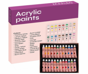 Maaleo akrüülvärvide komplekt 24 tuubiga, värvid karbis kenasti reas.