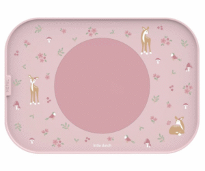 Little Dutch Fairy Garden söögialus roosa lille- ja haldjamustriga laual.