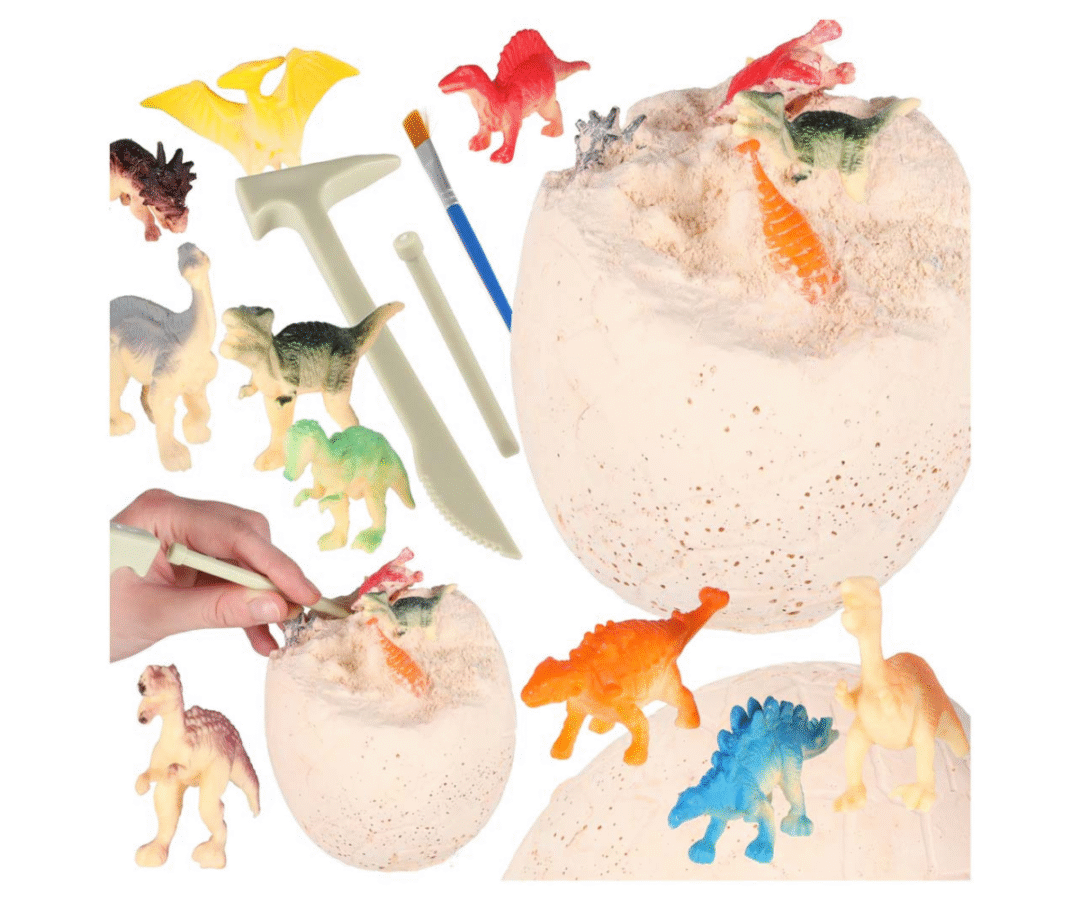 Dinosaurusmuna kaevamiskomplekt lastele koos tööriistade ja pintsliga.