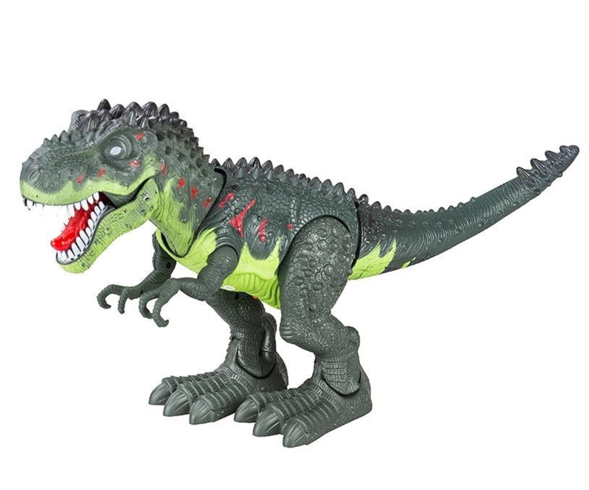 Suur mängudinosaurus, mis kõnnib ja liigutab pead ning saba.