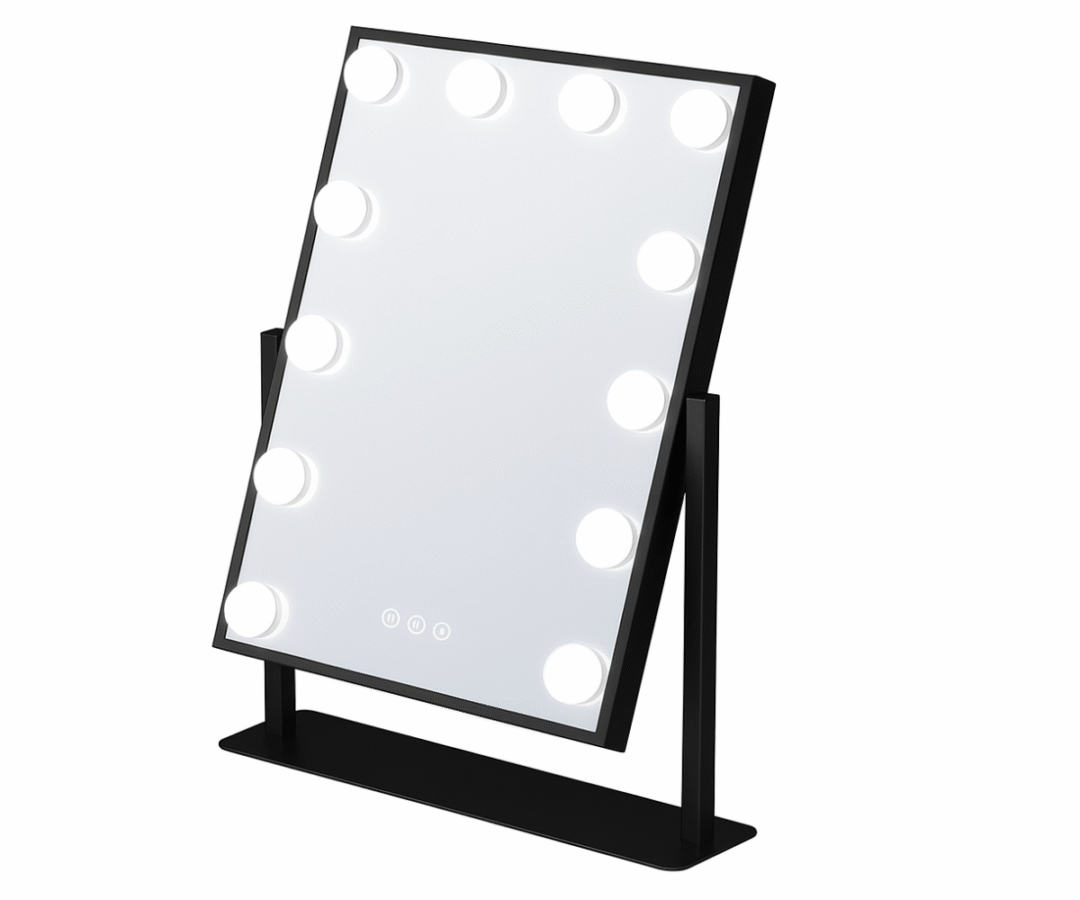 Must Hollywoodi meigipeegel 12 LED-pirniga eestvaates